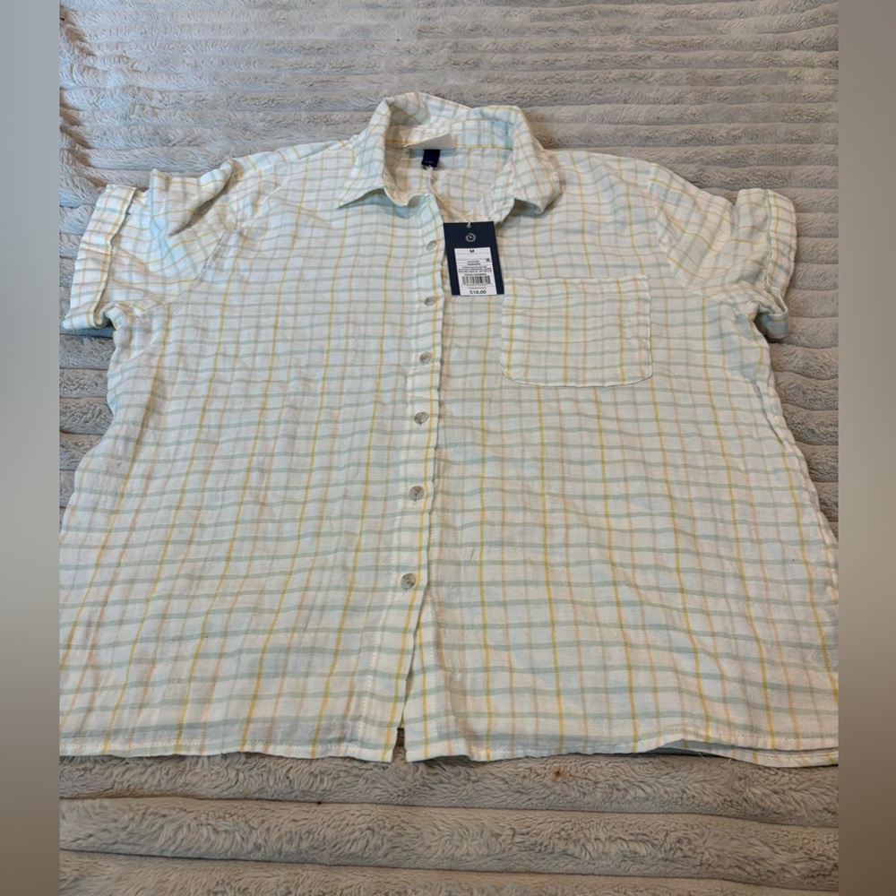 Target woman’s Cream Plaid Button-Up with Yellow and Light Blue Stripes
